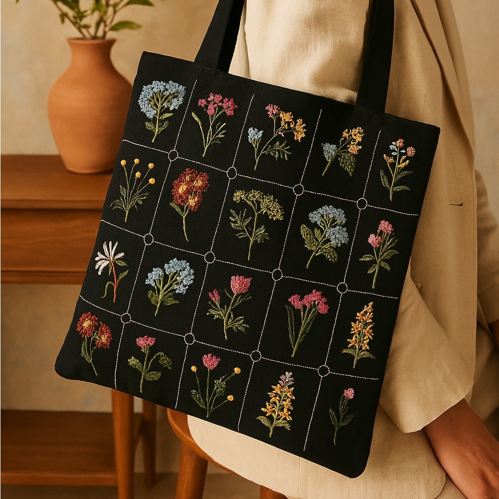 Floral Embroidered Black Tote Bag - Picture 4 of 10